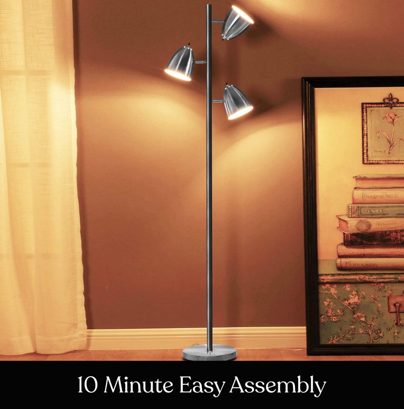 Brightech Jacob LED Standing Lamp, Modern Bright Floor Lamps for Living Rooms & Bedrooms, Tall LED Lighting Lamp with Adjustable 3 Light Tree â€“ Satin Nickel - Image 3